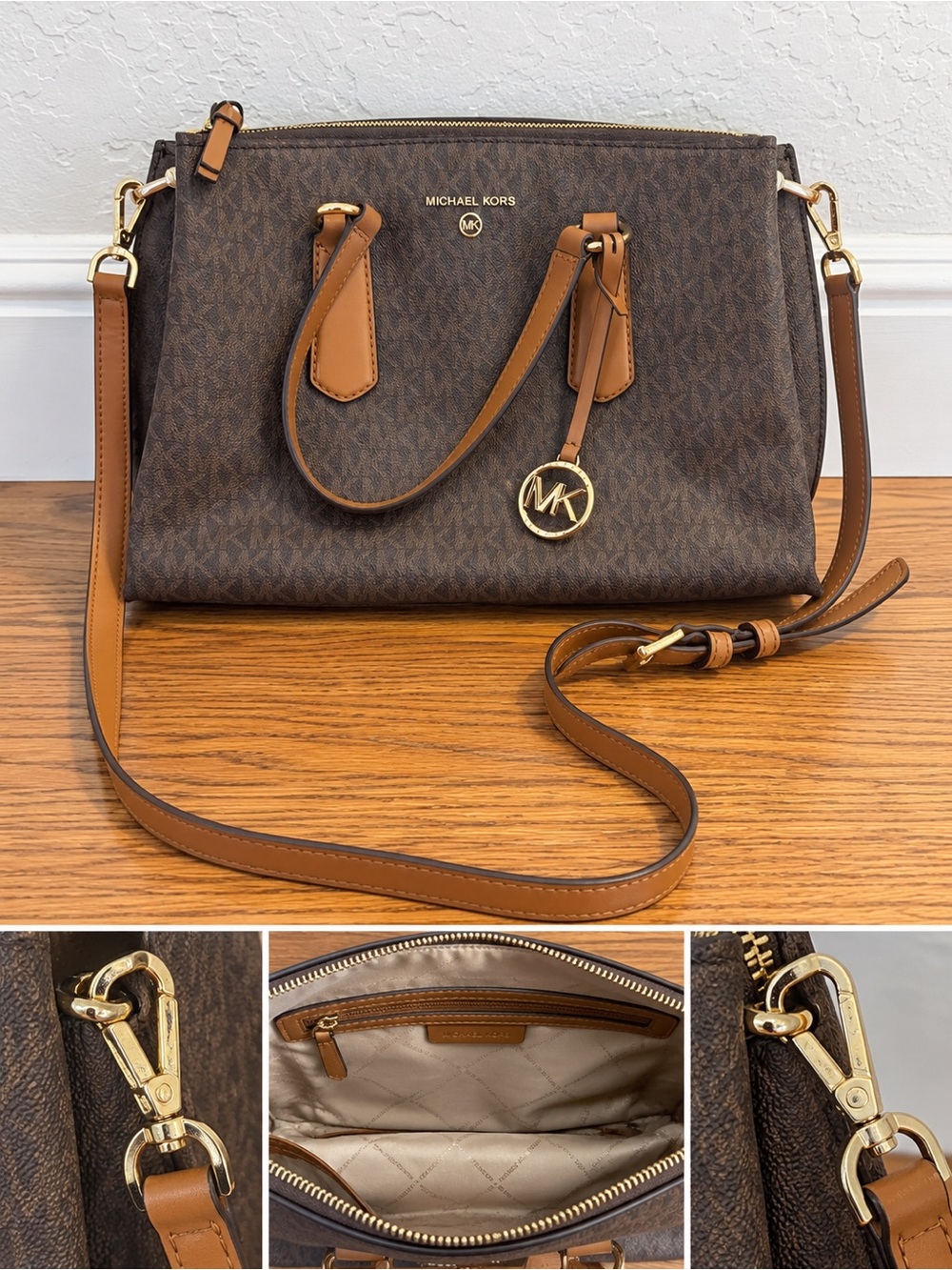 Michael Kors Brown & Tan Logo Satchel with Gold Hardware